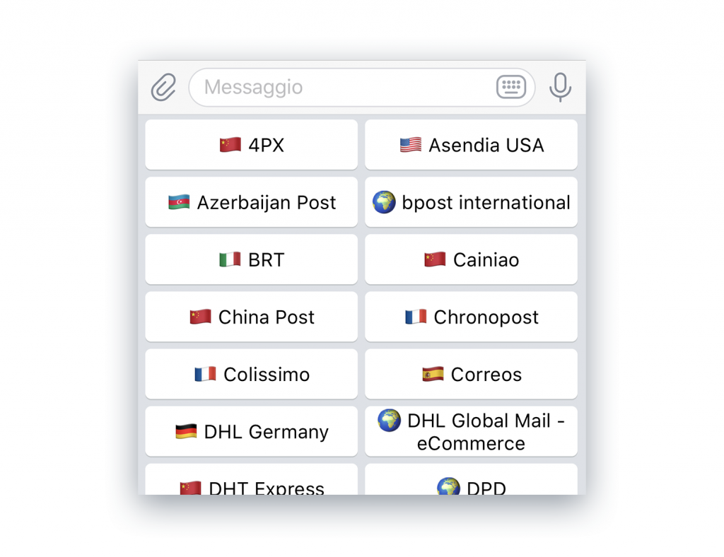 Screenshot di Telegram che mostra la lista dei corrieri con le bandiere
